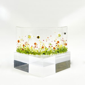 Small Narrow Glass Arch-Fused Glass-White Flowers with Bees-Glass Plaque-Fused Glass Art-Home Decor-New Home Gift-Mothers Day Gift. JBT2069