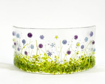 Small Narrow Glass Arch-Fused Glass-Blue and Purple Flowers-Glass Plaque-Fused Glass Art-Home Decor-New Home Gift-Mothers Day Gift. JBT2124