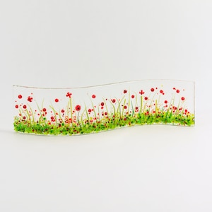 Narrow Glass Screen-Fused Glass Wave-Red Poppy-Glass Plaque-Fused Glass Art-Home Decor-New Home Gift-Mothers Day Gift. JBT832