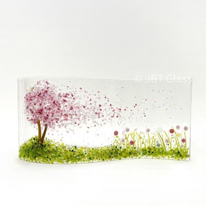 Glass Screen-Fused Glass Wave-Cherry Blossom Meadow-Glass Plaque-Fused Glass Art-Home Decor-New Home Gift-Mothers Day Gift. JBT2065