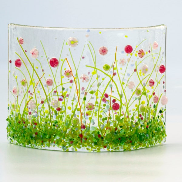 Glass Screen-Fused Glass Flower Meadow Picture-Pink and Lilac Flowers-Fused Glass Art-Home Decor-New Home Gift-Mothers Day Gift. JBT698