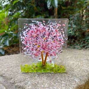 Tea Light-Candle Display-Cherry Blossom-Glass Plaque-Fused Glass Art-Home Decor-Birthday Present-New Home Gift-Mothers Day Gift. JBT874