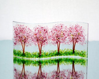 Glass Screen-Fused Glass Wave-Woodland-Cherry Blossom Trees-Glass Plaque-Fused Glass Art-Home Decor-New Home Gift-Mothers Day Gift. JBT875