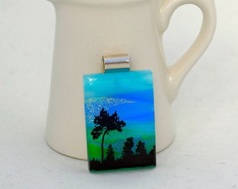 Fused Glass  Landscape Pendant-Dichroic Glass Pendant with Tree-Fused Glass Jewellery - Dichroic Jewelry - Fused Glass. JBT1037