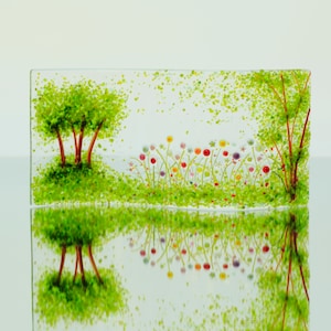 Glass Screen-Fused Glass Wave-Meadow with Trees-Glass Plaque-Fused Glass Art-Home Decor-New Home Gift-Mothers Day Gift. JBT1027