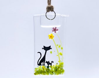 Small Hanging Decoration-Cats and Flowers-Mixed Flowers-Fused Glass Art-Birthday Present-New Home Gift. JBT2091