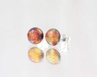 Fused Glass Stud Earrings - Dichroic Glass Earrings - Shimmering Burnt Orange - Sterling Silver. JBT481