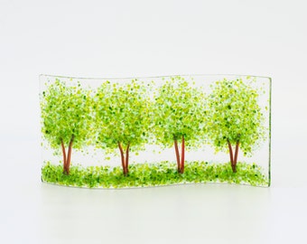 Glass Screen-Fused Glass Wave-Woodland-Summer Trees-Glass Plaque-Fused Glass Art-Home Decor-New Home Gift-Mothers Day Gift. JBT1011