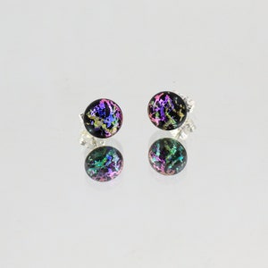 Fused Glass Stud Earrings - Dichroic Glass Earrings - Black, Gold and Purple Dichroic Glass - Sterling Silver.  JBT839