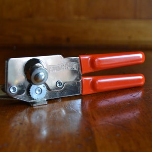 Vintage Swing-Away Manual Wall Mount Can Opener with Red Handle