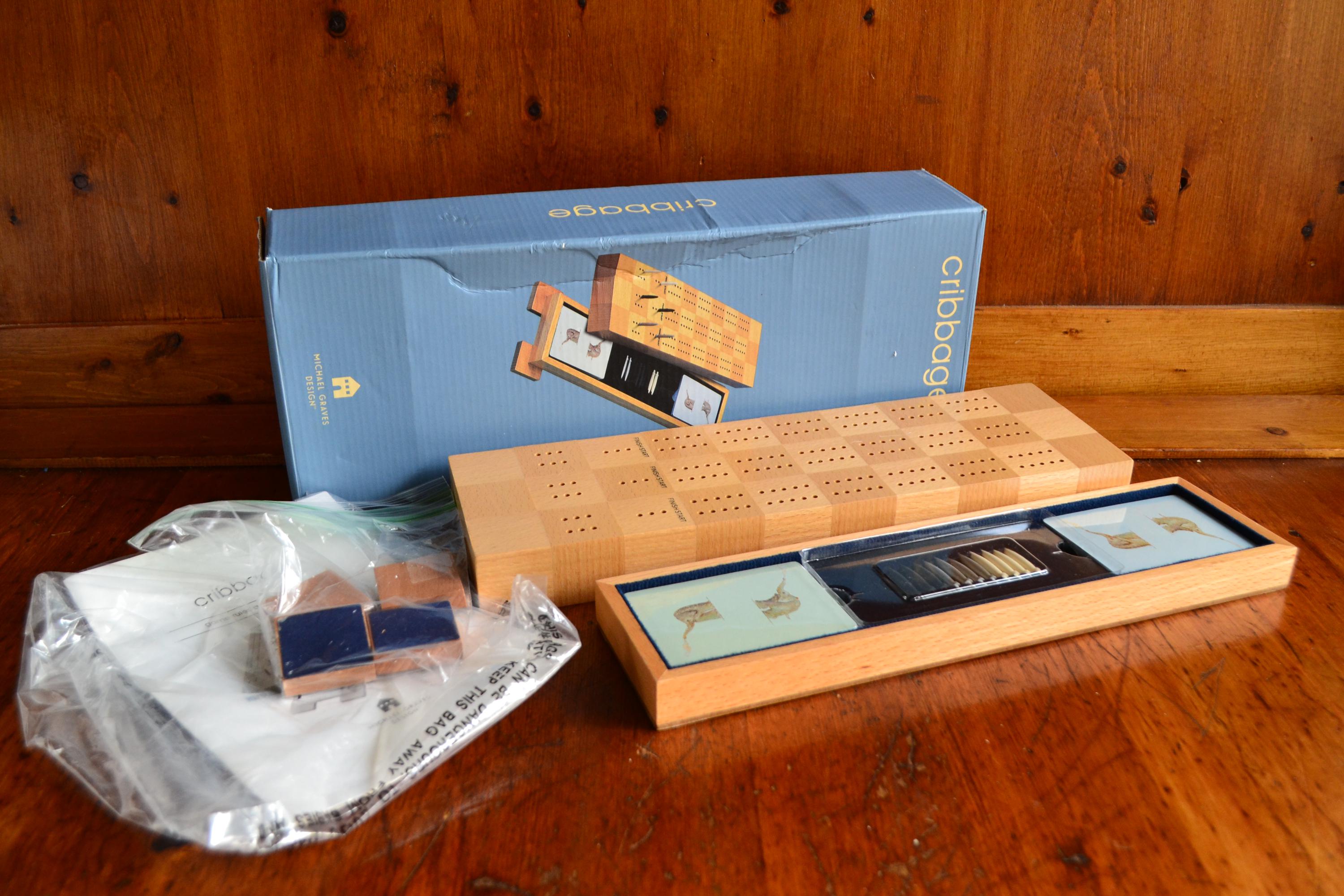 Michael Graves Wood Cribbage Board Set with 12 Metal Pegs And 2 Decks Of Cards NIB