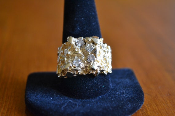 14K Solid Gold Nugget Ring with Diamonds - image 2