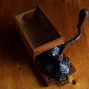 Primitive Antique Wooden Hopper & Ornate Cast Iron Wall Mounted Coffee Grinder Mill 12"