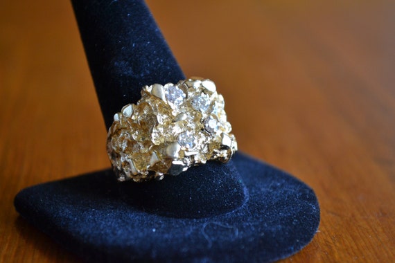 14K Solid Gold Nugget Ring with Diamonds - image 4