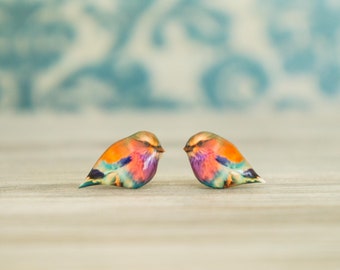 colorful bird earrings , nature studs , nature jewelry , colorful bird jewelry , bird lover gift , earrings for teen , earrings for tween