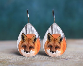 fox earrings , fox jewelry , fox gifts ,  titanium earrings , nickel free earrings , hypoallergenic , leverback earrings