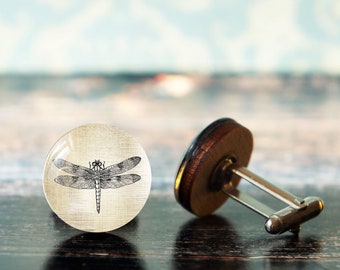 dragonfly cuff links , insect cuff links , mens cufflinks , glass cufflinks , wood cufflinks