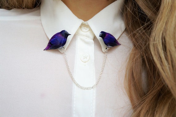 Woodland bird brooch , collar pins , purple bird , collar clip , cardigan clip , collar chain , sweater clip