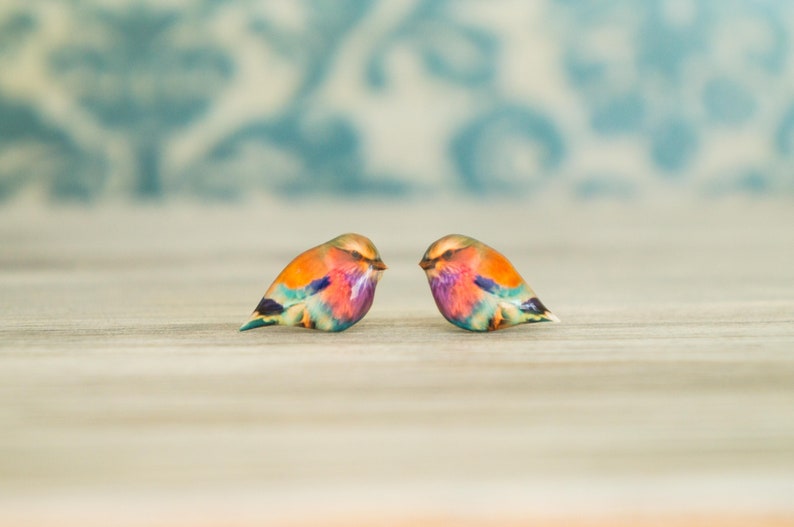 colorful bird earrings , nature studs , nature jewelry , colorful bird jewelry , bird lover gift , earrings for teen , earrings for tween image 1