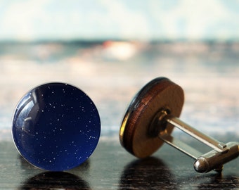 blue cufflinks , night sky cuff links , space cufflinks , unique cufflinks  , galaxy cufflinks , wooden cuflfinks , glass cufflinks