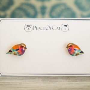 colorful bird earrings , nature studs , nature jewelry , colorful bird jewelry , bird lover gift , earrings for teen , earrings for tween image 2