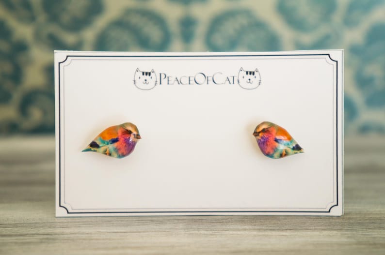 colorful bird earrings , nature studs , nature jewelry , colorful bird jewelry , bird lover gift , earrings for teen , earrings for tween image 2