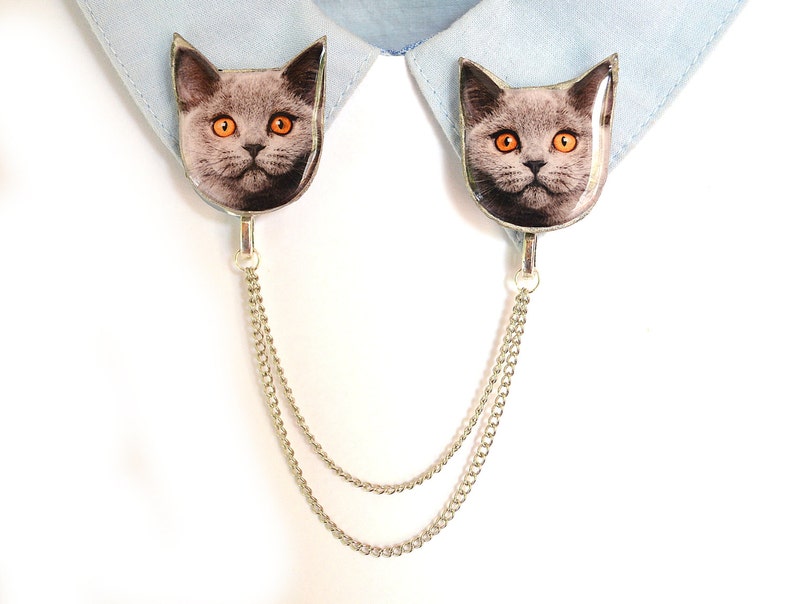 May include: A silver-toned collar clip featuring two cat-shaped pendants. Each pendant displays a close-up image of a gray cat with orange eyes. The pendants are connected by a delicate silver chain, designed to be worn on a shirt collar.