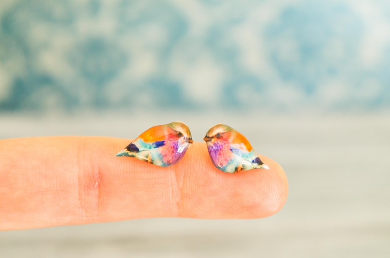 colorful bird earrings , nature studs , nature jewelry , colorful bird jewelry , bird lover gift , earrings for teen , earrings for tween image 5