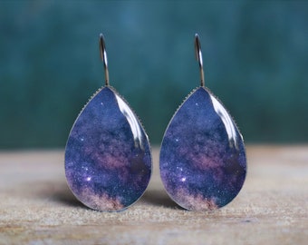 galaxy earrings , space earrings , astronomy earrings , outer space earrings , witchy earrings , quirky earrings , leverback earrings