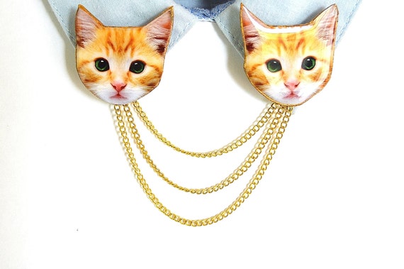 cat lover jewelry , crazy cat lady , cat pins , cat gift ideas , cardigan clip , gold collar pin ,