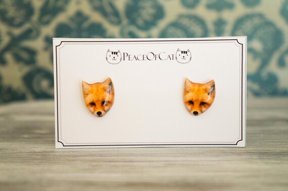 fox jewelry , fox  earrings,  fox gift , nicklel free , surgical steel earrings , fox gift , animal stud , animal jewelry