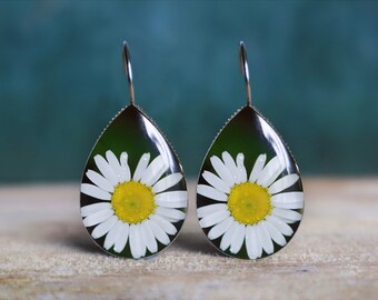 daisy earrings , flower earrings , botanical earrings , daisy gifts , nickel free earrings , hypoallergenic , leverback earrings