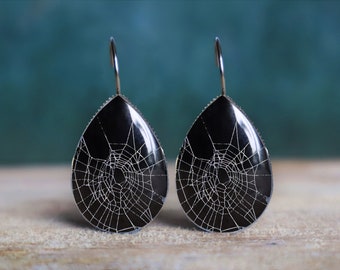 spider web earrings , spider jewelry , goth earrings , insect earrings , nickel free earrings , hypoallergenic , leverback earrings