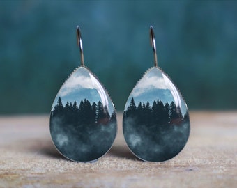 forest earrings , woodland earrings , whimsical earrings  , cloud earrings , hiking earrings , nickel free earrings , hypoallergenic