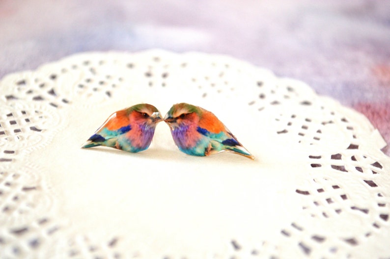 colorful bird earrings , nature studs , nature jewelry , colorful bird jewelry , bird lover gift , earrings for teen , earrings for tween image 3