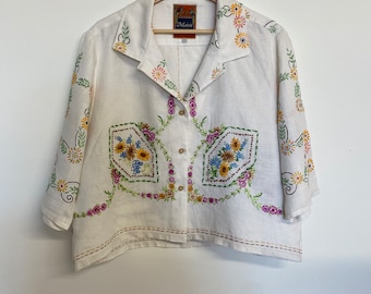 Repurposed vintage  embroidered  tablecloth shirt