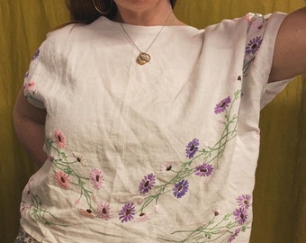 Upcycled vintage  table cloth boxy t shirt . Tie up backless
