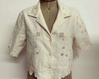 Repurposed vintage  linen embroidered cutwork tablecloth shirt