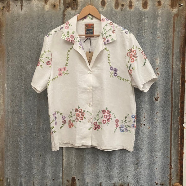 Repurposed vintage  linen embroidered tablecloth shirt