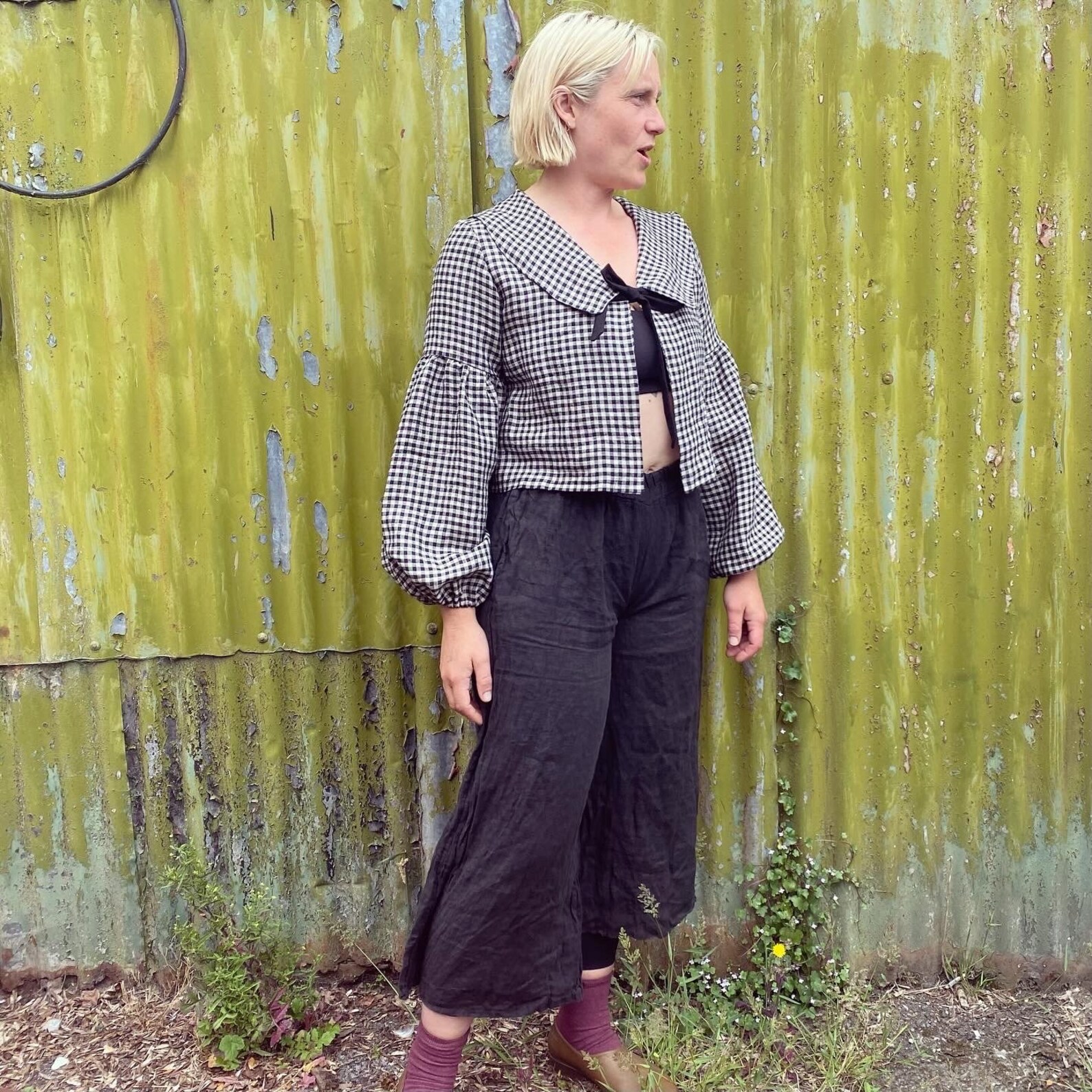 Linen Wrap Blouse in Light Blue Gingham