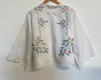 Repurposed vintage  cotton linen  embroidered tablecloth blouse /jacket .