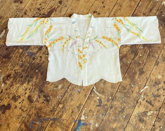 Repurposed vintage  cotton linen  embroidered tablecloth blouse /jacket .