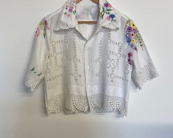 Repurposed vintage cut work embroidered  tablecloth shirt