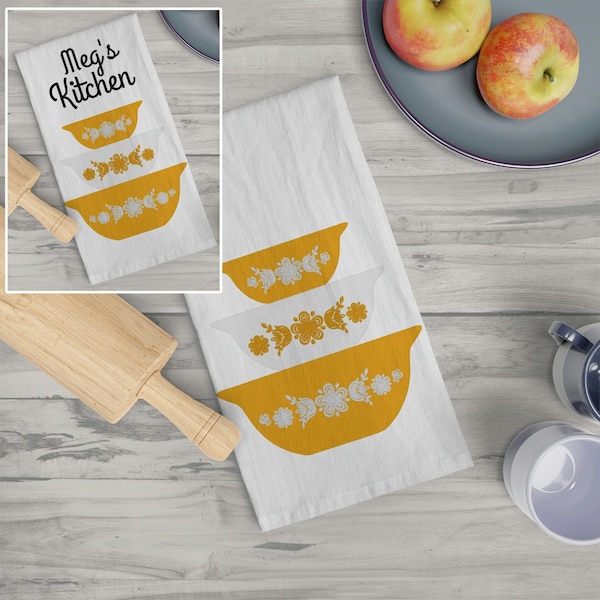 Pyrex BUTTERFLY Gold Pattern, Flour Sack TEA TOWEL, Personalized option, Pyrex Kitchen Decor, Vintage Inspired Butterfly Gold Towel