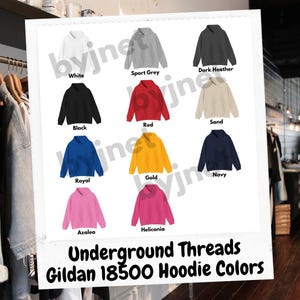 Carta de colores de sudaderas con capucha de Underground Threads Digital Printify 2024, carta de colores Gildan. Colores de sudaderas con capucha, descarga de impresión bajo demanda.