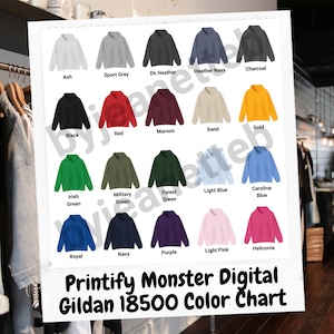 Carta de colores de sudaderas Monster para imprimir digitalmente (2024). Colores Gildan: descarga digital, impresión a pedido.