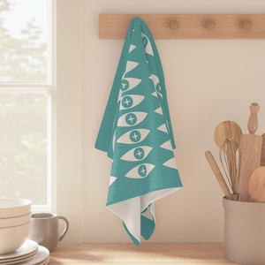 Pyrex Teal Eyes WAFFLE WEAVE Dish Towels, Pyrex Themed Gift, Atomic Cat Eyes Pattern Hand Towel, Pyrex Bowls Kitchen Decor
