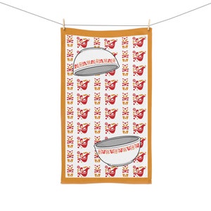 Pyrex FRIENDSHIP Polyester Microfiber TERRY Faced Hand Towel, Kitchen Dish Towel, Pyrex Bowls Pattern, Dishes on white Towel, Rooster