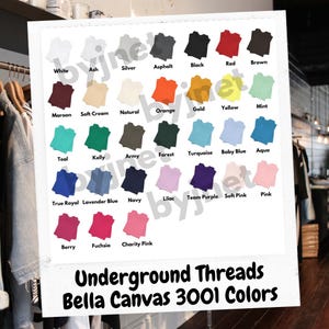 Tabla de colores de camisetas de Printiful Digital Printify de Underground Threads 2024, tabla de colores de Bella Canvas, colores de camisetas, descarga de impresión bajo demanda