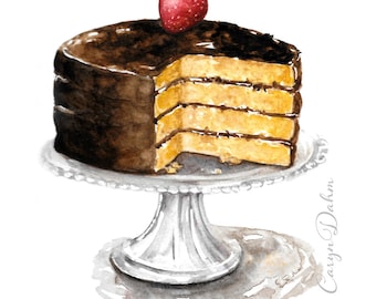 Yellow cake with chocolate frosting watercolor art : cake painting, food illustration, Clipart, sublimation art, digital download